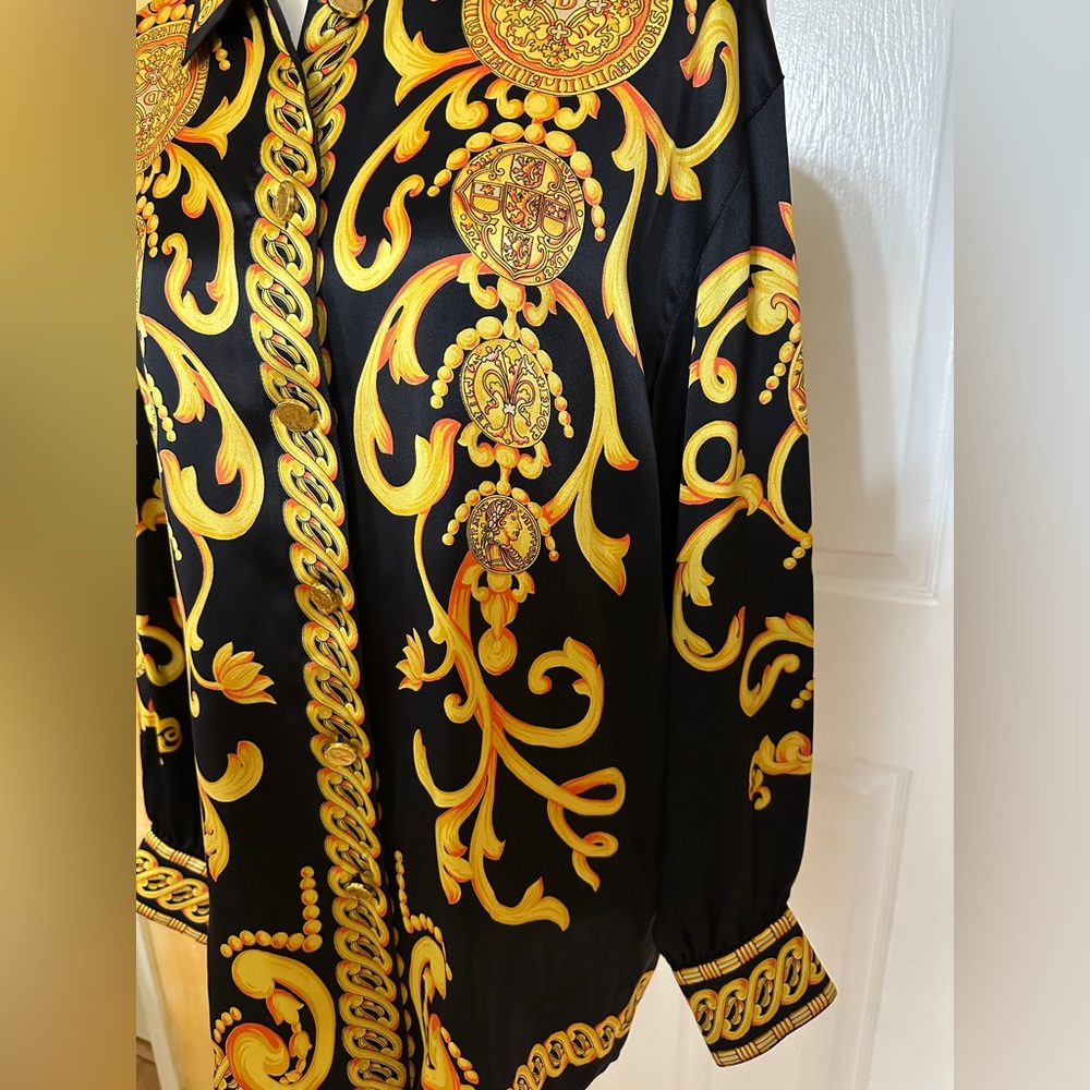 Escada Blouse Rare Vintage Baroque Black Gold Long Sleeve Size 40 8 US 100% Silk - Picture 4 of 15